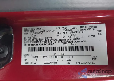 2020 Ford F-150 Xlt из США, поврежденный, VIN 1FTEX1EPXLFC14105